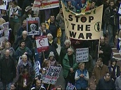 Protestors marching with banners at Anti War demonstration&sbquo;  London; Feb 03
