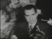 Vice President Richard Nixon&sbquo;  surrounded by press&sbquo; gives glowing assessment of outgoing president Dwight D Eisenhower during US election campaign; 1960