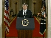 President George W Bush walks along red carpet approaching podium for press conference&sbquo;  White House; Apr 04