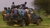 African Union troops drive through village in military jeep&sbquo;  Darfur; 18 Aug 05