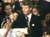 Moments before his assassination&sbquo;  Robert F. Kennedy addresses crowd at The Ambassador Hotel after winning Democratic nomination&sbquo; Los Angeles; 05 June 1968