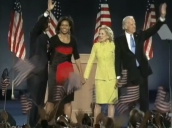 President-elect Barack Obama&sbquo;  Vice-President-elect Joe Biden and their wives stand together and wave to crowd&sbquo; Grant Park; 4 November 2008