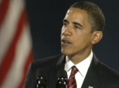 President-elect Barack Obama thanks wife Michelle and daughters Sasha and Malia in Presidential victory speech&sbquo;  Reverend Jesse Jackson and Oprah Winfrey watch from crowd&sbquo; Gant Park; 4 November 2008