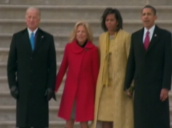 President Barack Obama&sbquo;  Vice-President Joe Biden and their wives watch former President George Bush leave White House in helicopter&sbquo; 20 January 2009