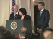 Supreme Court Justice judge nominee Sonia Sotomayor talks to press alongside President Barack Obama and Vice President Joe Biden&sbquo;  Washington D.C.; 25 May 2009