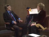 Rob Hull attempts to stop Emu from ripping up Sir Michael Parkinson\%27s question sheet; November 1976
