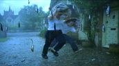 Timeslice shots of people running as it rains fish, weird
