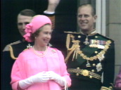Track left across balcony of Buckingham Palace&sbquo;  members of royal family waving to crowds including Queen Mother&sbquo; Prince Andrew&sbquo; Princess Margaret&sbquo; Prince Philip and Queen Elizabeth II&sbquo; Silver Jubilee