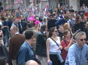 Anti-capitalist demonstrators&sbquo;  some in costumes&sbquo; walk and dance past camera&sbquo; Parliament Square; 01 May 00