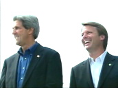 Pan right as John Kerry talks to John Edwards at Democrat rally&sbquo;  North Carolina; 09 Jul 04