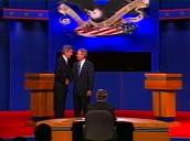 Zoom in to George W Bush shaking hands with John Kerry on stage&sbquo;  Florida; 30 Sept 04