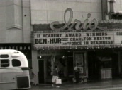 Cinema marquee at Iris Theater&sbquo;  with lettering advertising a double bill of Charlton Heston movies&sbquo; "Ben-Hur" and "Force In Readiness"; Hollywood&sbquo; 1950\%27s
