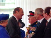 President Jacques Chirac shakes hands and chats with Prime Minister John Major as Queen Elizabeth II looks on&sbquo;  Horseguards Parade&sbquo; London; 14 May 96
