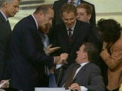 Prime Minister Tony Blair talking and laughing with President Jacques Chirac and Chancellor Gerhard Schroeder&sbquo;  Rome; 04 Oct 03