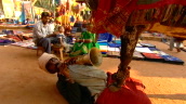 Costumed cow balances on knees of prone man playing horn, Goa