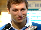 Ian Thorpe&sbquo;  Australian Olympic swimmer&sbquo; introduces his new coach Tracie Menzies at press conference&sbquo; "I\%27m going to be the only one to blame if I don\%27t get results"&sbquo; Sydney; 14 Oct 02