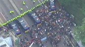 Anti globalisation campaigners demonstrating during G8 summit corralled behind police lines on Princes Street&sbquo;  Edinburgh; 4 Jul 05