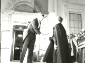 Shah Mohammad Reza Pahlavi of Iran and wife Empress Farah shake hands with President John F Kennedy and wife Jackie Kennedy&sbquo;  White House; 28 Jun 62