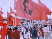 Communist students with red flags and banners listen to speech by President Fidel Castro of Cuba during official visit to Antofagasto&sbquo;  Chile; 15 Nov 71