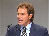 Tony Blair makes speech at Labour Party conference vowing that promises made on tax will be kept&sbquo;  primary school classes will decrease in size and power will be devolved to UK regions&sbquo; Blackpool; 01