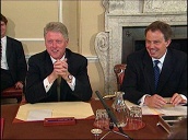President Bill Clinton talks about taking advice from Tony Blair and his admiration for Labour majority as he sits with Blair and his Cabinet following Labour Party election victory; 29 May 97