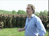 Tony Blair stands before British troops and talks of purpose of their presence being to help prevent ethnic cleansing and racial genocide in Kosovo&sbquo;  Macedonia; 03 May 99