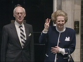 Prime Minister Margaret Thatcher holds up three fingers outside No 10 Downing Street following third general election victory; 12 Jun 87