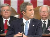 During State of Union Address President George W Bush receives standing ovation from audience including Prime Minister Tony Blair upon stating "America has no greater friend than Great Britain"&sbquo;  Wash