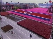 Huge marching army parade before leader Kim Jong Il performing synchronised display&sbquo;  North Korea; 11 Mar 03